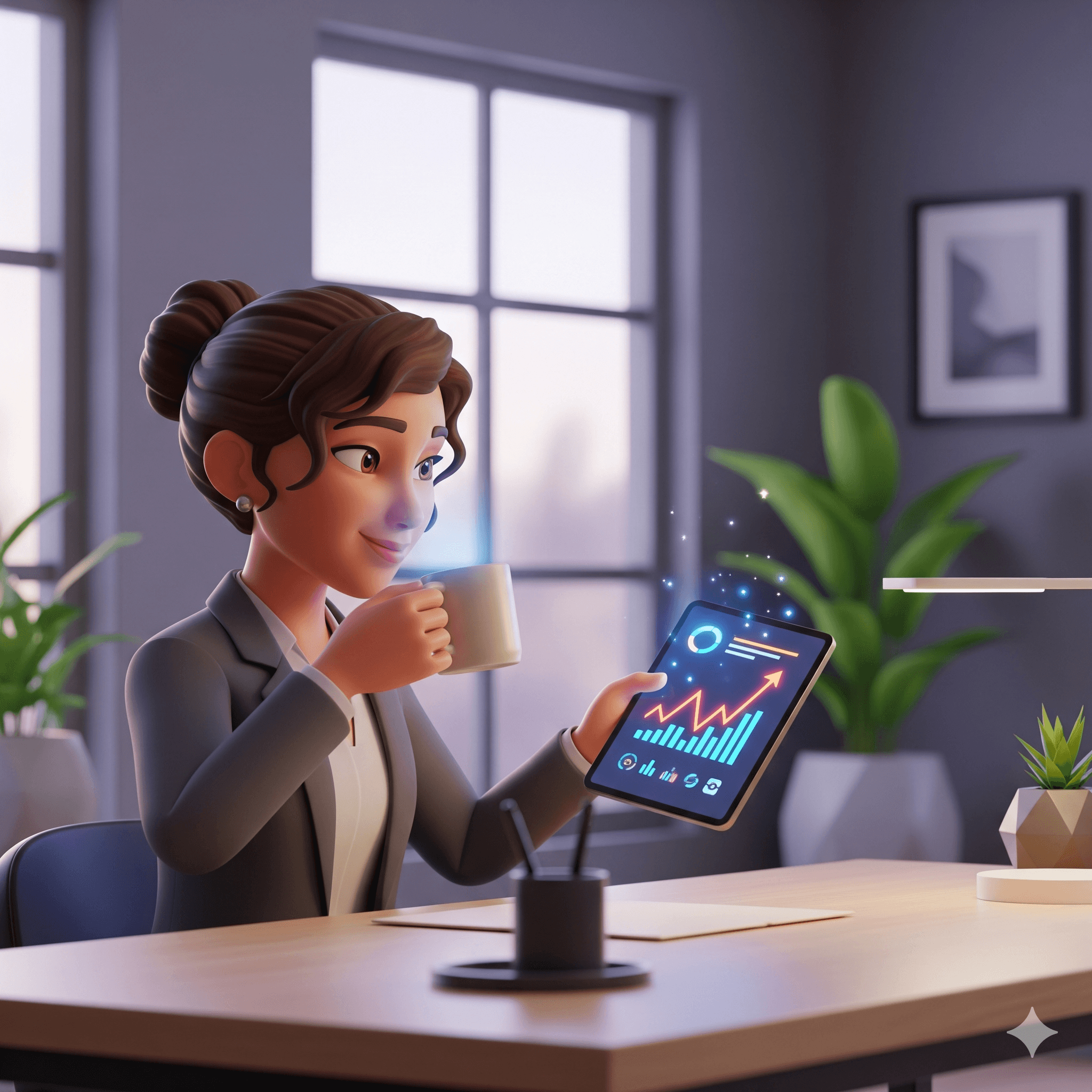 Sabah kahvesiyle rahatça işlerini kontrol eden kadın girişimci